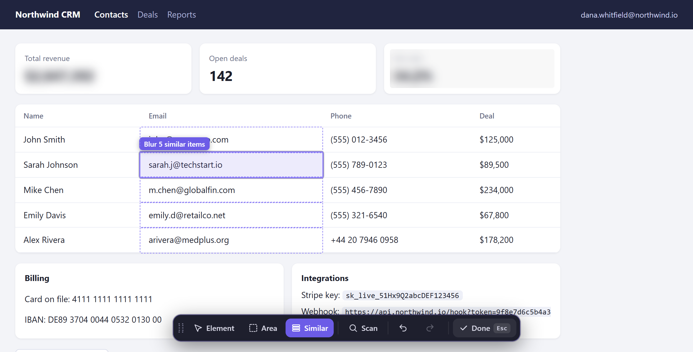 A CRM page with a blurred revenue figure, a blurred area and a whole email column about to be blurred, with the ScreenShield toolbar at the bottom