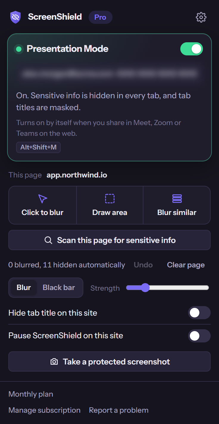 The ScreenShield popup with Presentation Mode turned on