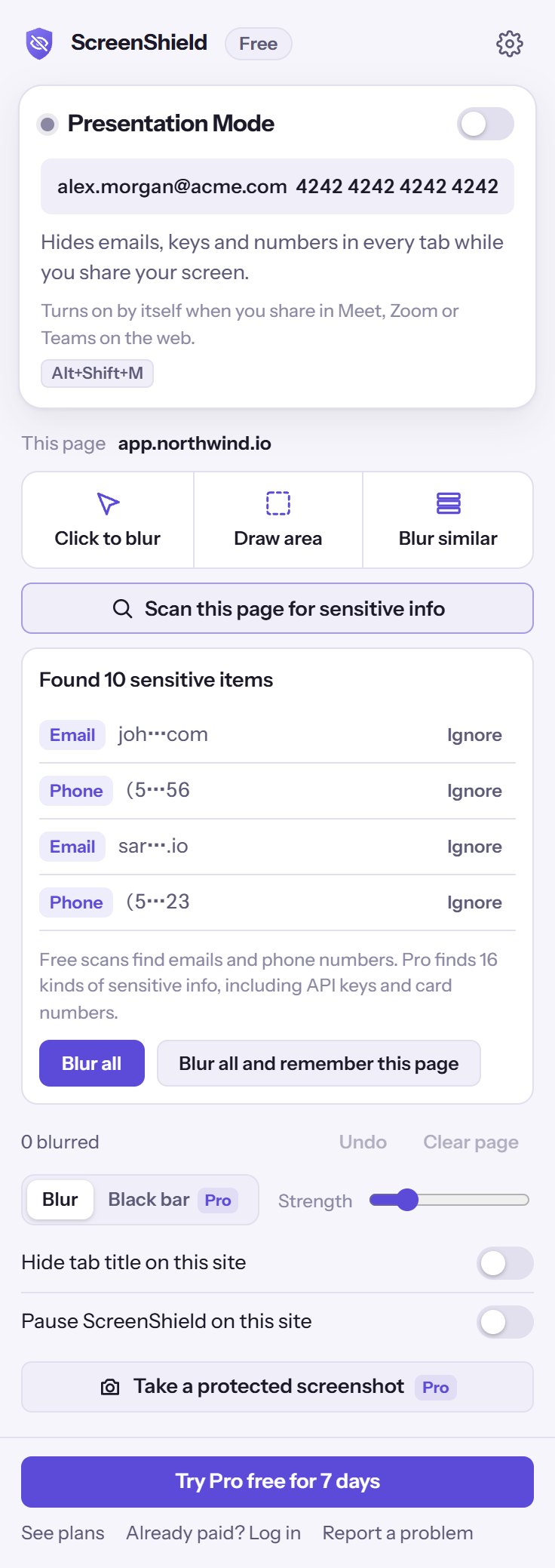 The ScreenShield popup after scanning a page, listing emails, phone numbers and card numbers it found